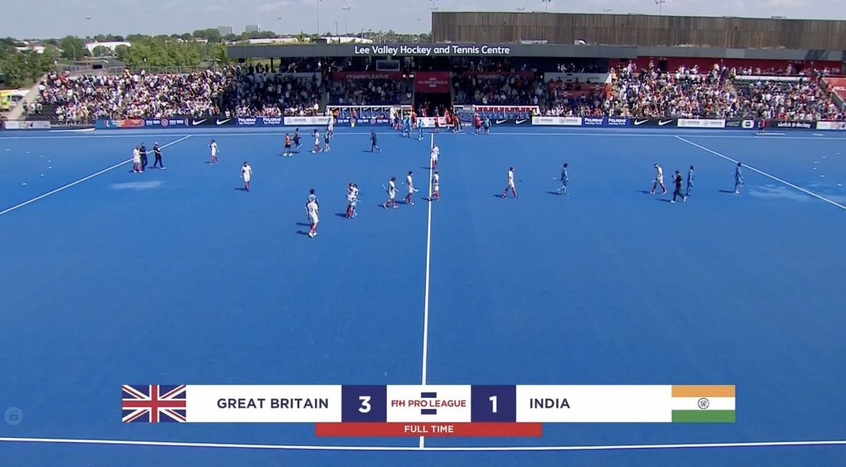 Great Britain vs India FIH Pro League match at Lee Valley Hockey and Tennis Centre, with the scoreboard showing Great Britain 3 and India 1.
